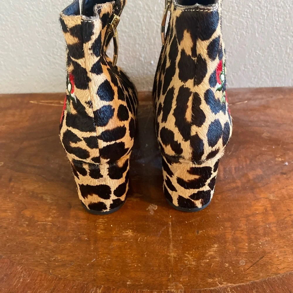 Kate Spade Langton Cow Hair Leopard Print Boots Red Floral Embroidered Accent